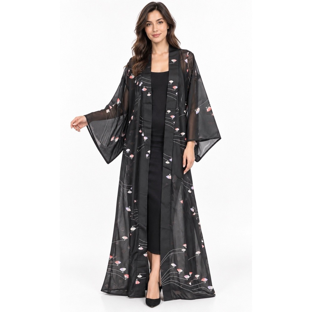 Vintage Japanese Sheer Black Kimono Robe 63" Maxi Fan Print Duster One Size